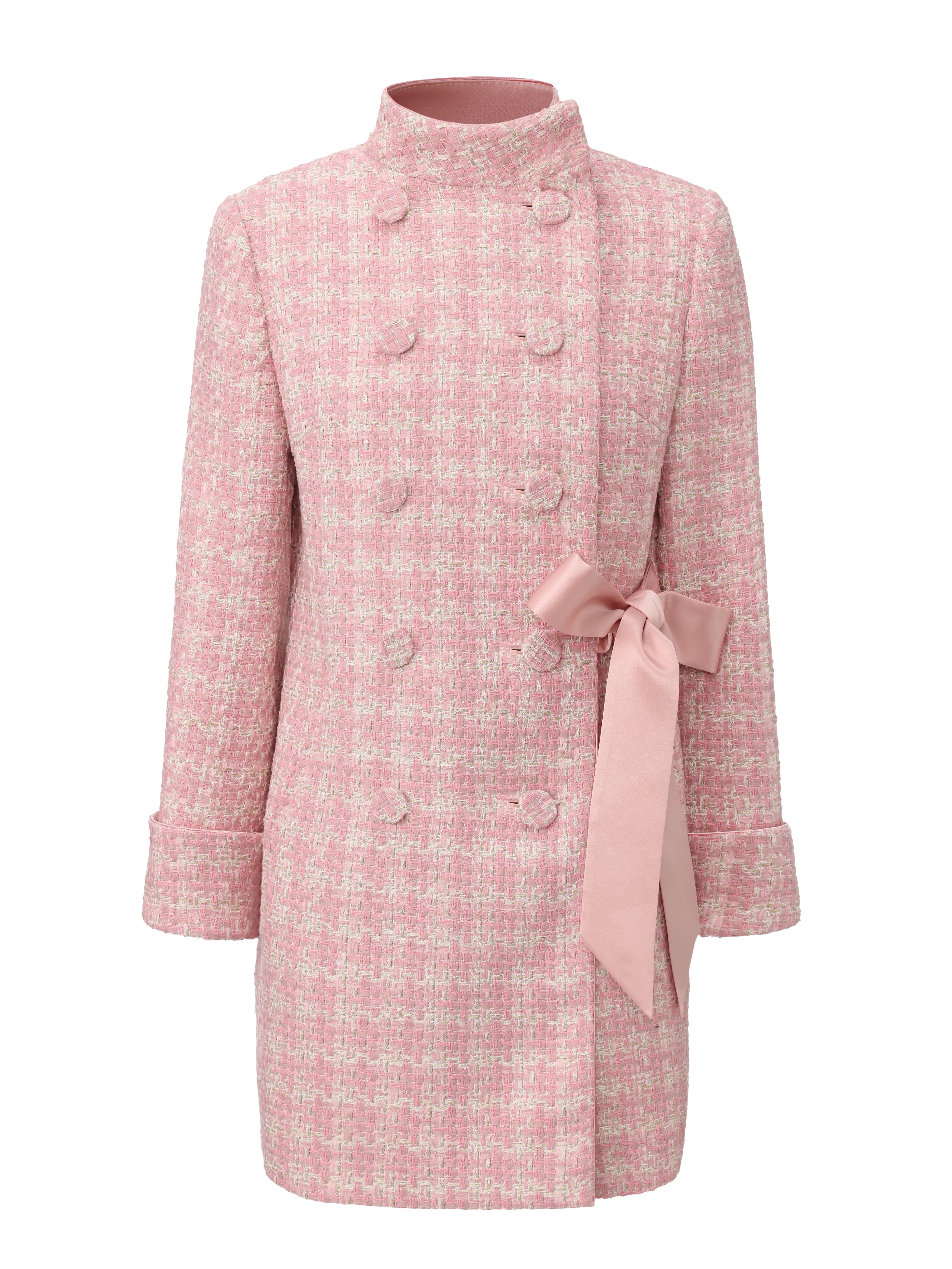 Bianca Tweed Bow Pink Double-Breasted Coat - Image 15