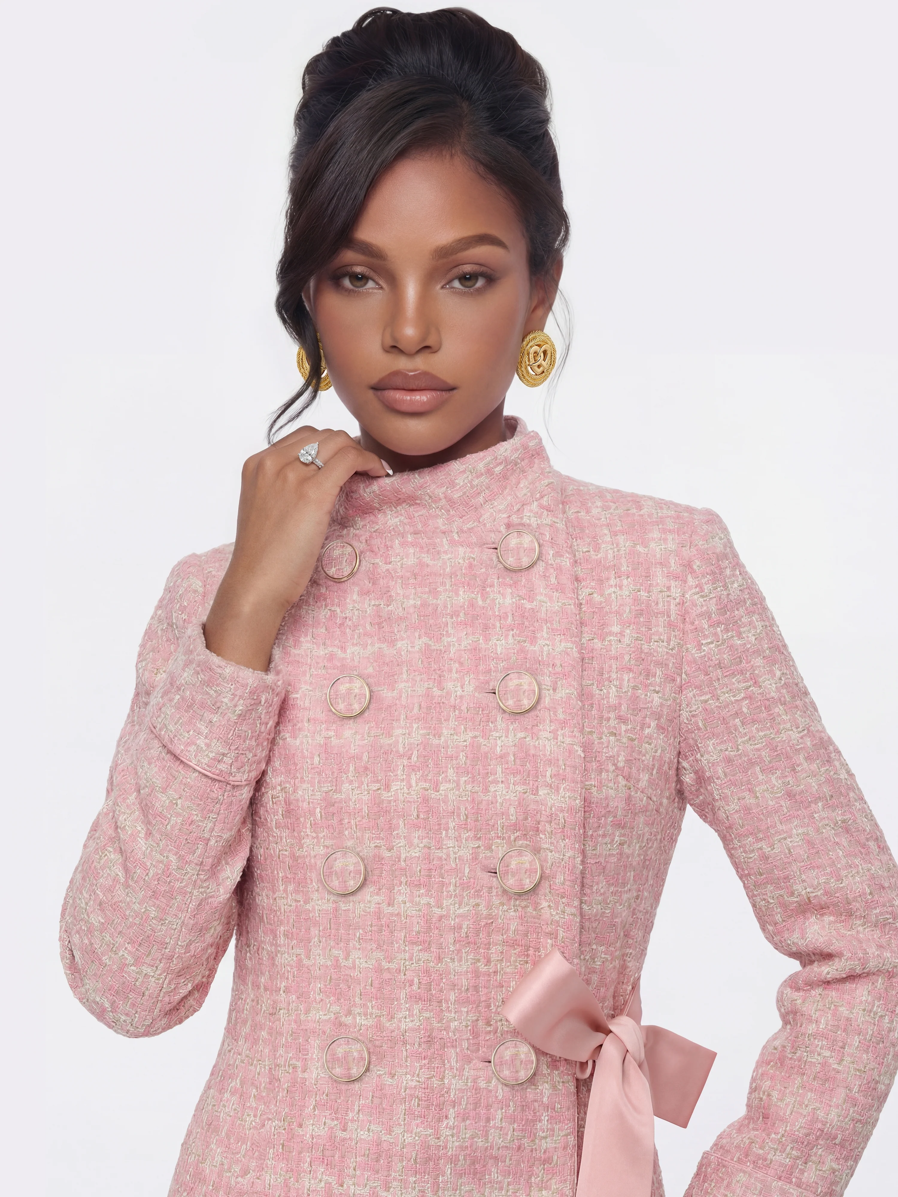 Bianca Tweed Bow Pink Double-Breasted Coat - Image 8