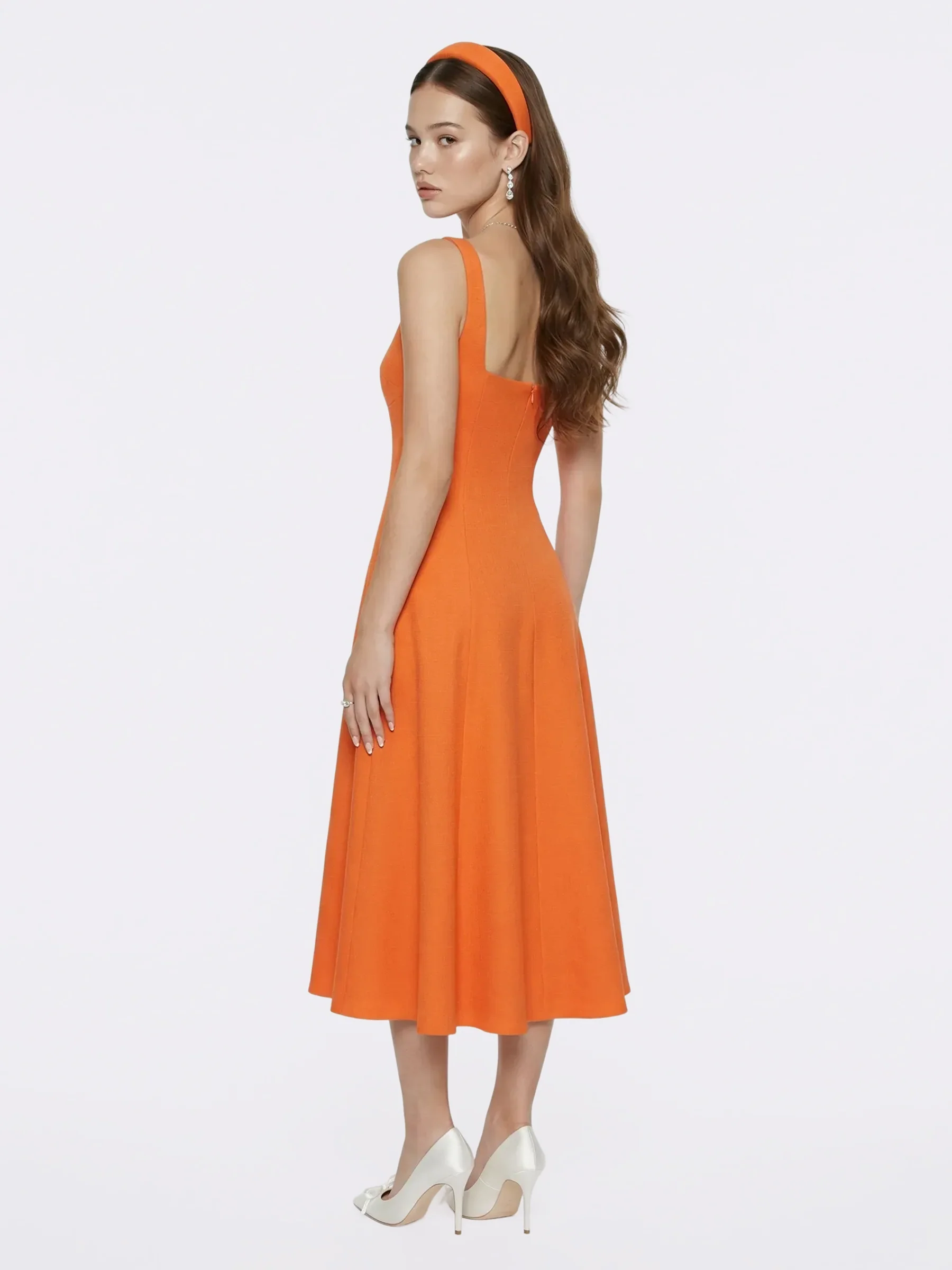 Josephine Square-Neck Orange Midi Dress - Image 8
