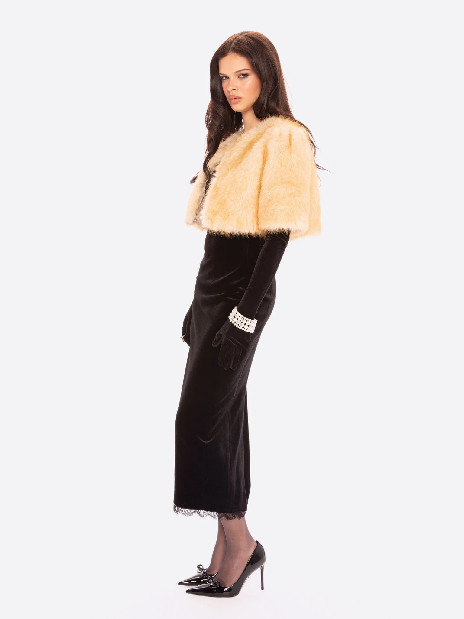Thalia Cropped Faux Fur Jacket (Yellow) - Image 6