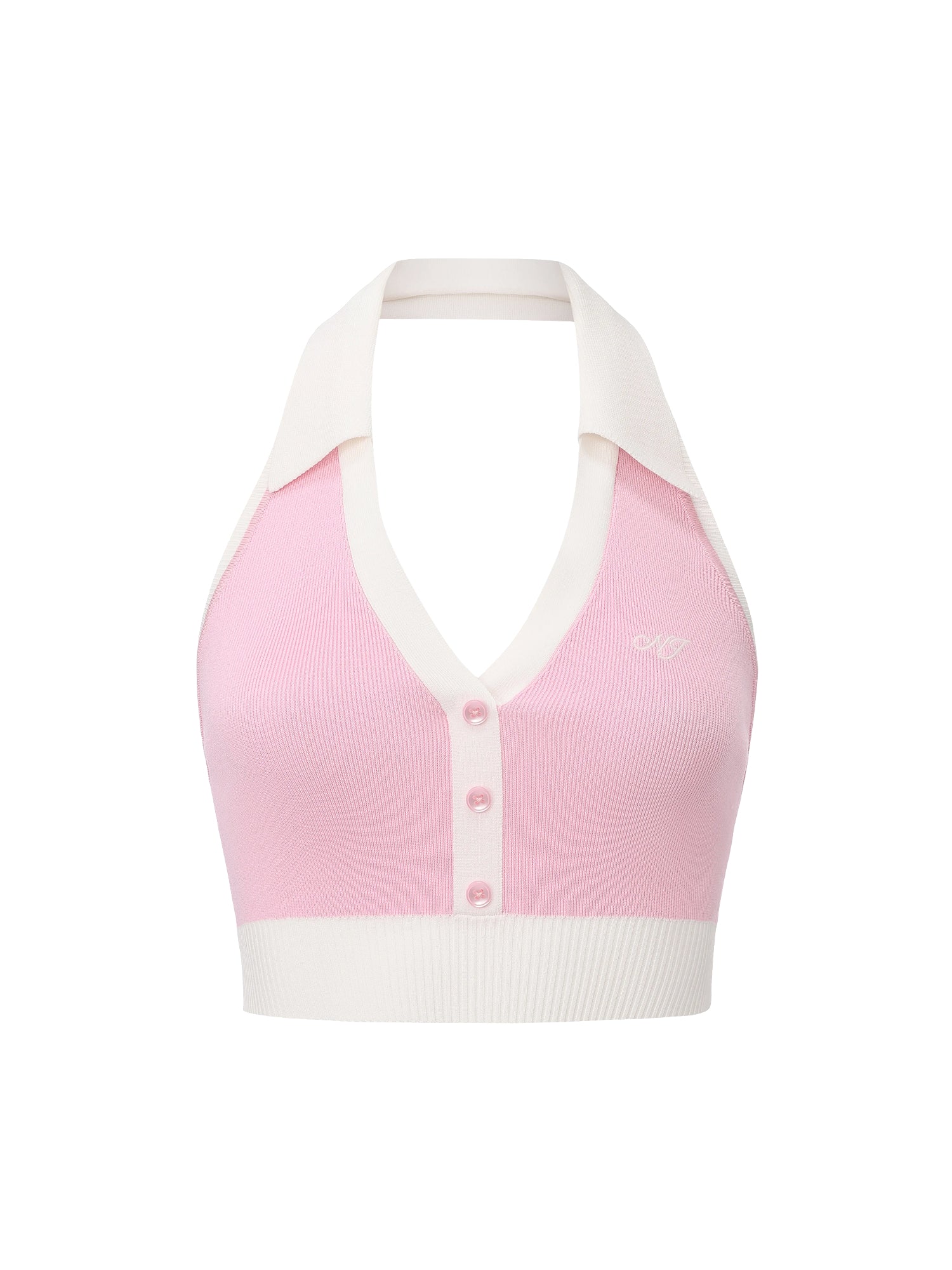 Wilhelmina Contrast Halter Knit Pink Top - Image 11