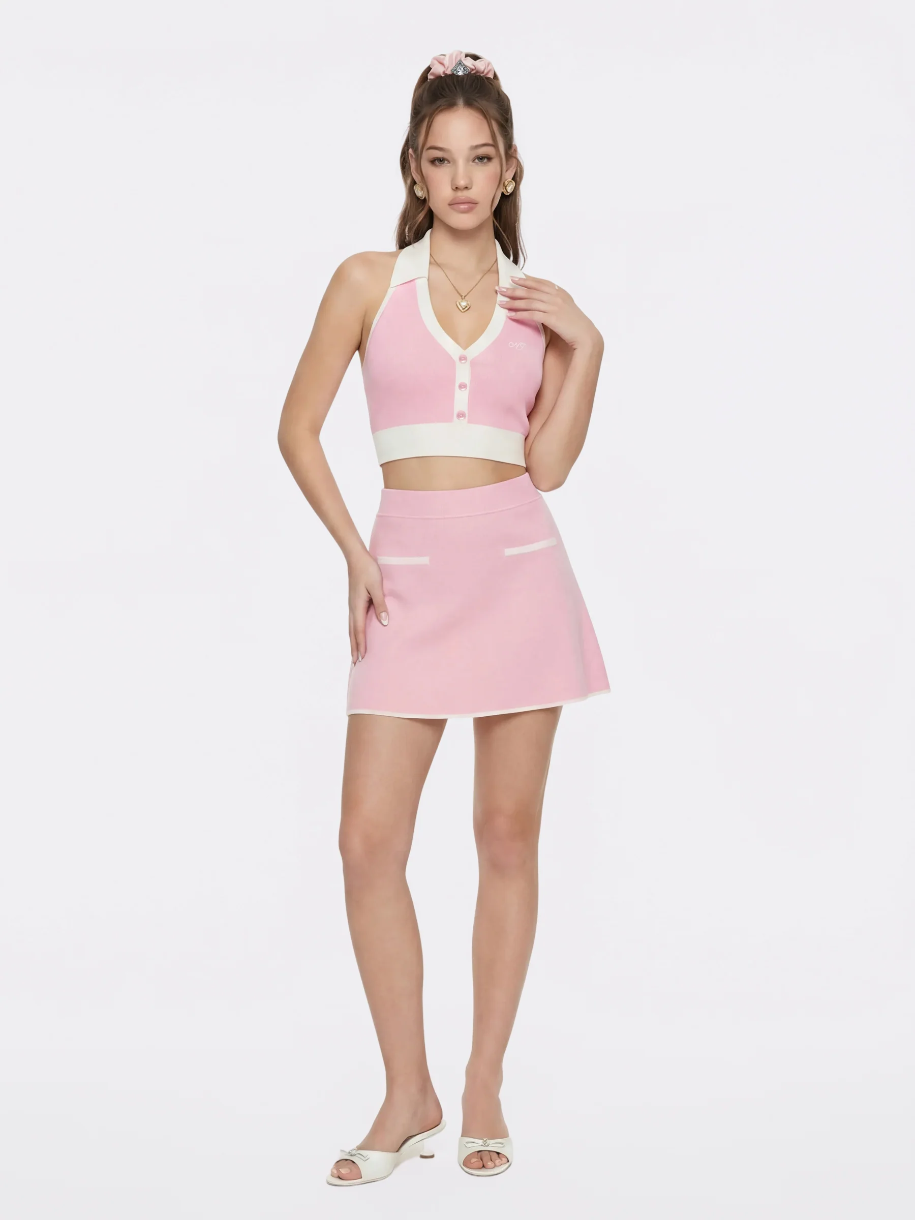 Wilhelmina Contrast Halter Knit Pink Top - Image 5
